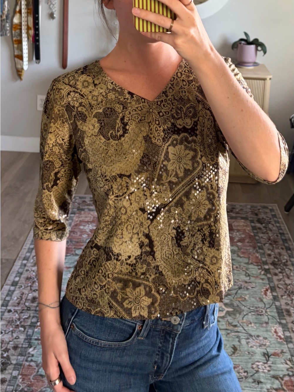 Jaipur Y2K Olive Brown Sequin Lace Print V Neck Top Medium